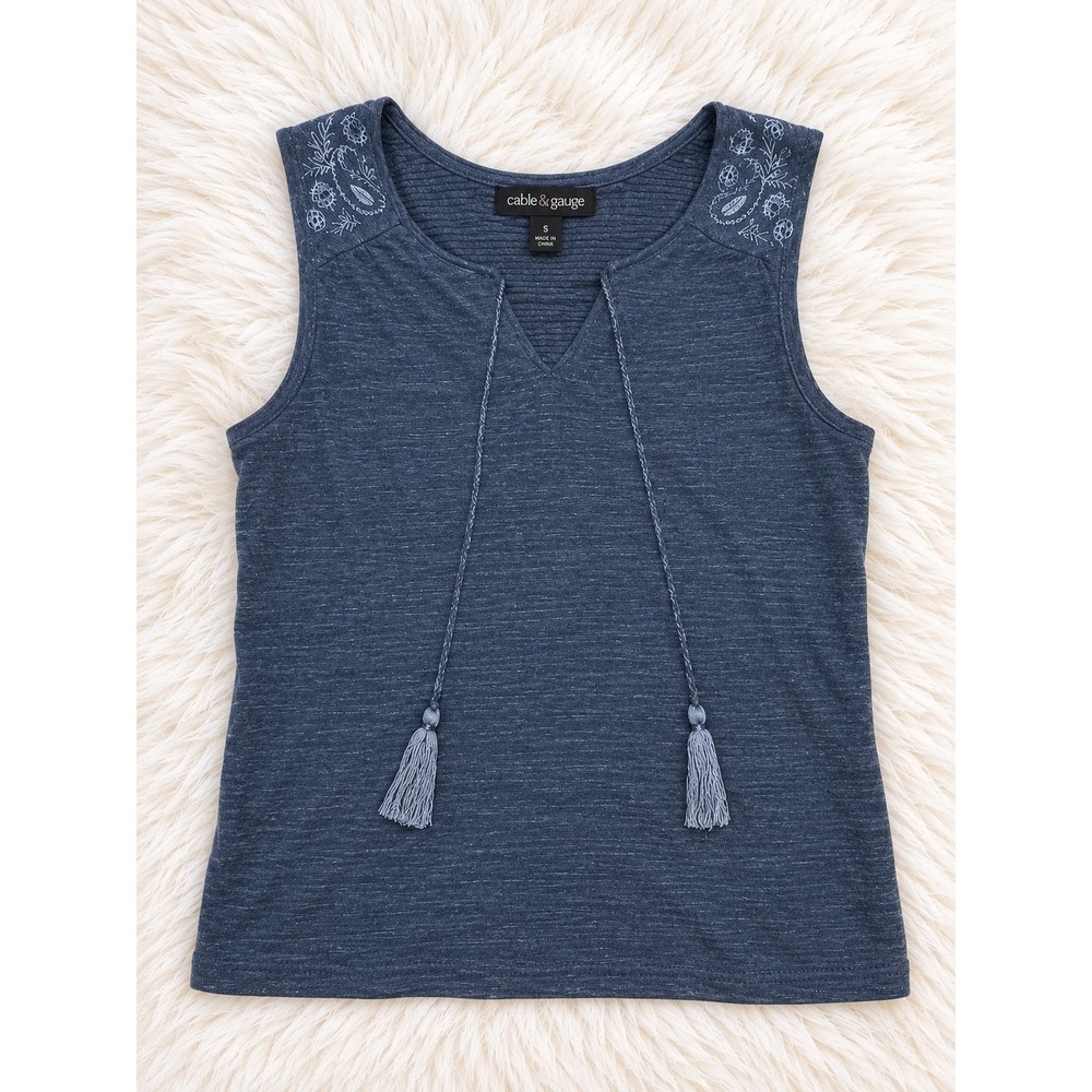Cable & Gauge Navy Blue Embroidered Tassel Tank Top Women's Small